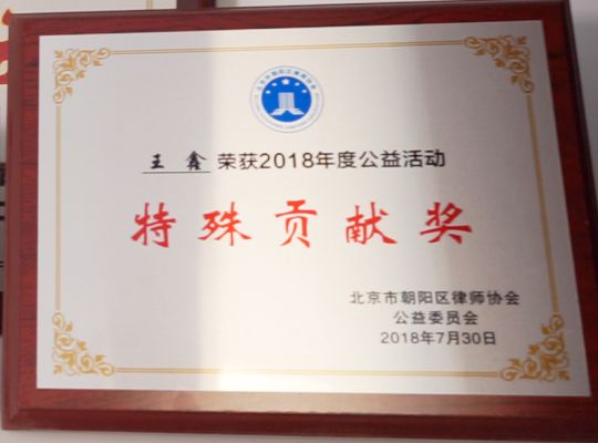 王鑫律师荣获2018年度公益活动“特殊贡献奖”